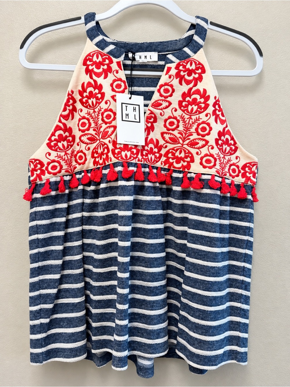 THML Navy Striped Tank with Red Floral Embroidery